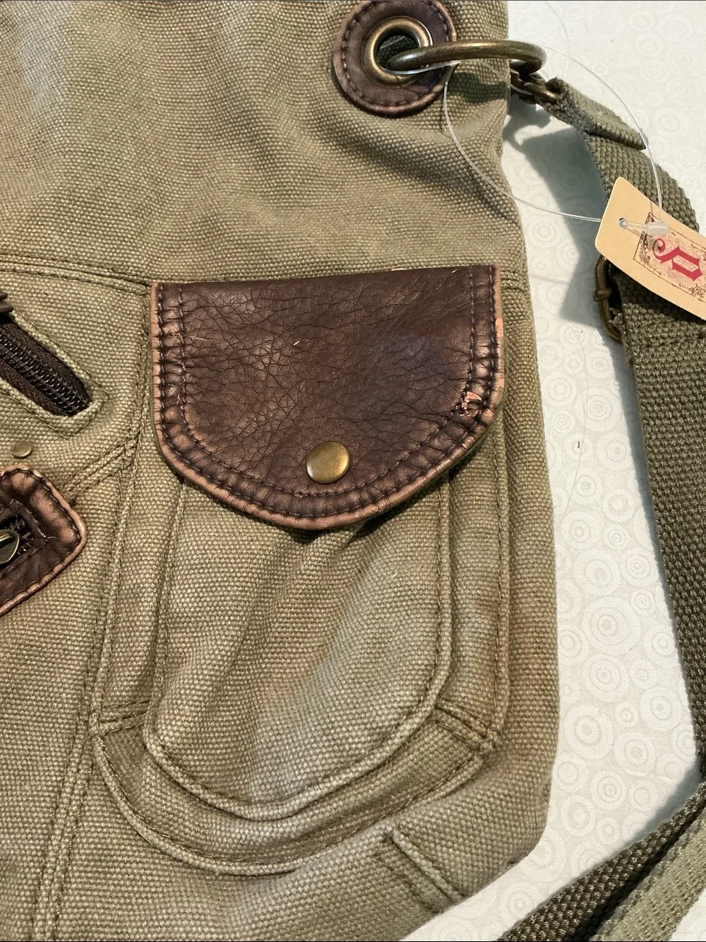 Canvas Crossbody Bag with Brown Faux Leather Trim -